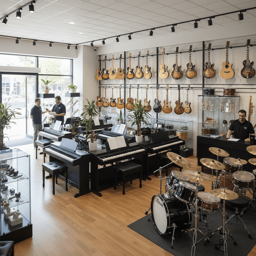 Interior of OoreDQA Music House with instruments on display