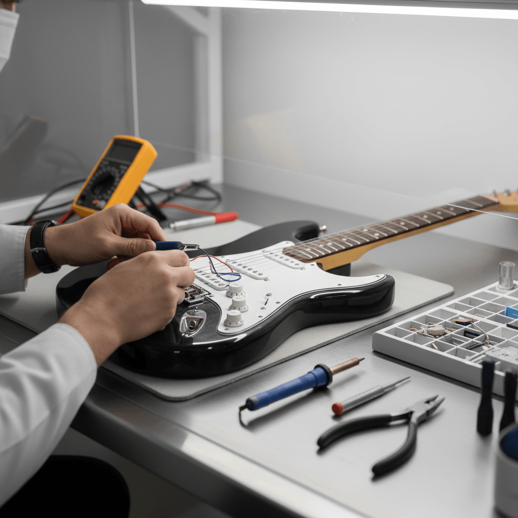 Technician repairing an electric guitar at a workbench