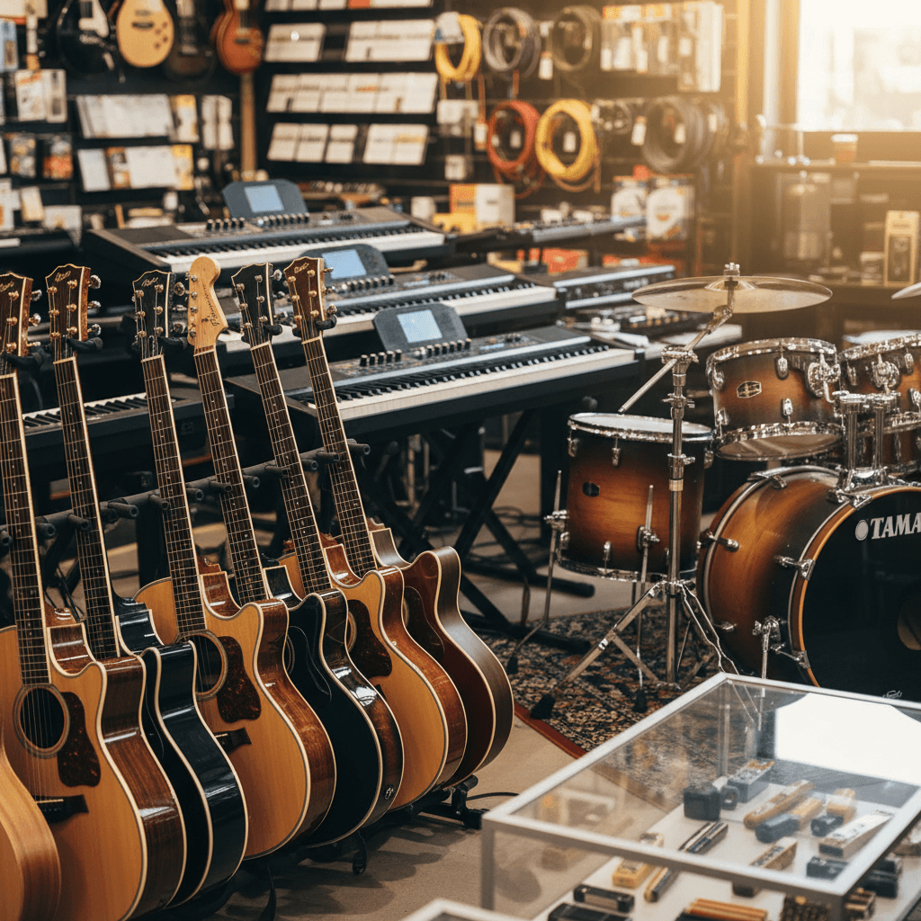 Display of guitars, keyboards, and drums inside the store